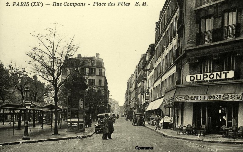 Angle Place des Fêtes / Rue Compans - seul l'immeuble au fond à gauche subsiste aujourd'hui.