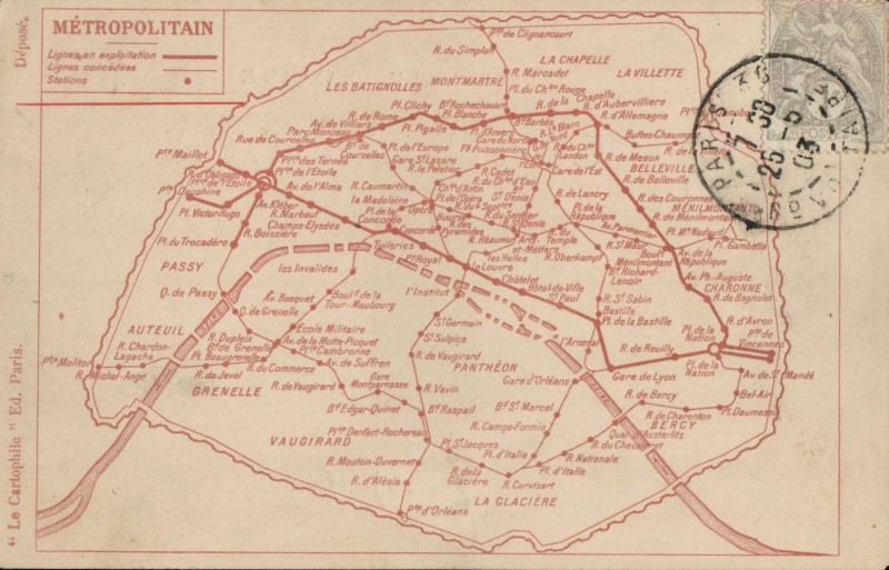 Etat des lignes de Métro construites (en gras) et prévisionnelles en 1903